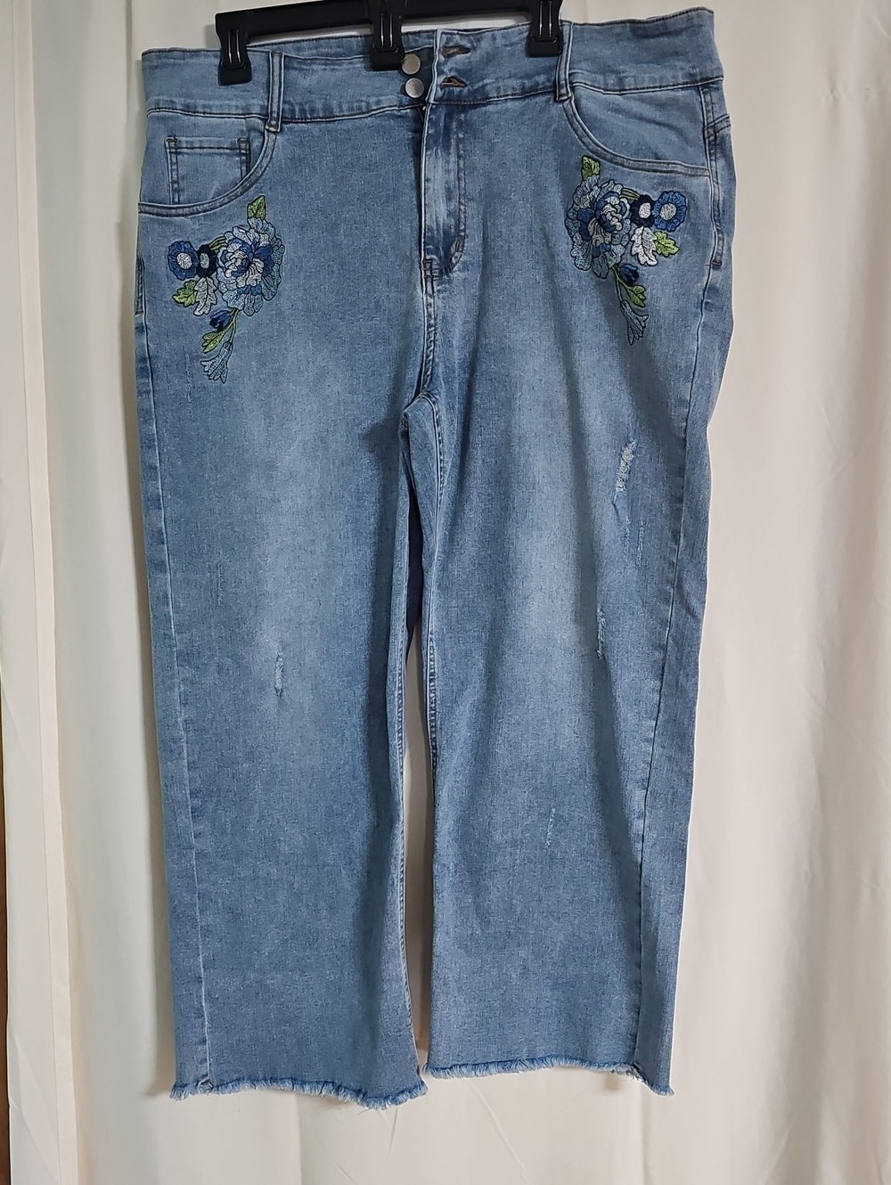 Women's Light Blue Distress Embroidered Straight-Leg Jeans